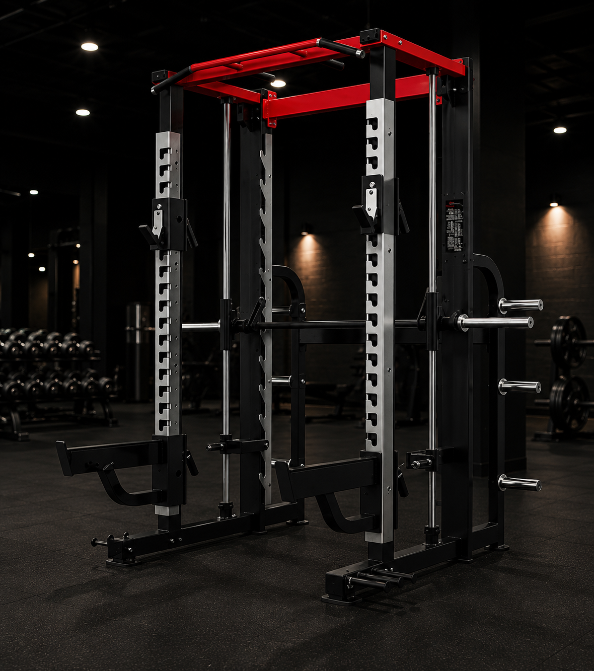Half rack with Smith machine and red pull-up bar