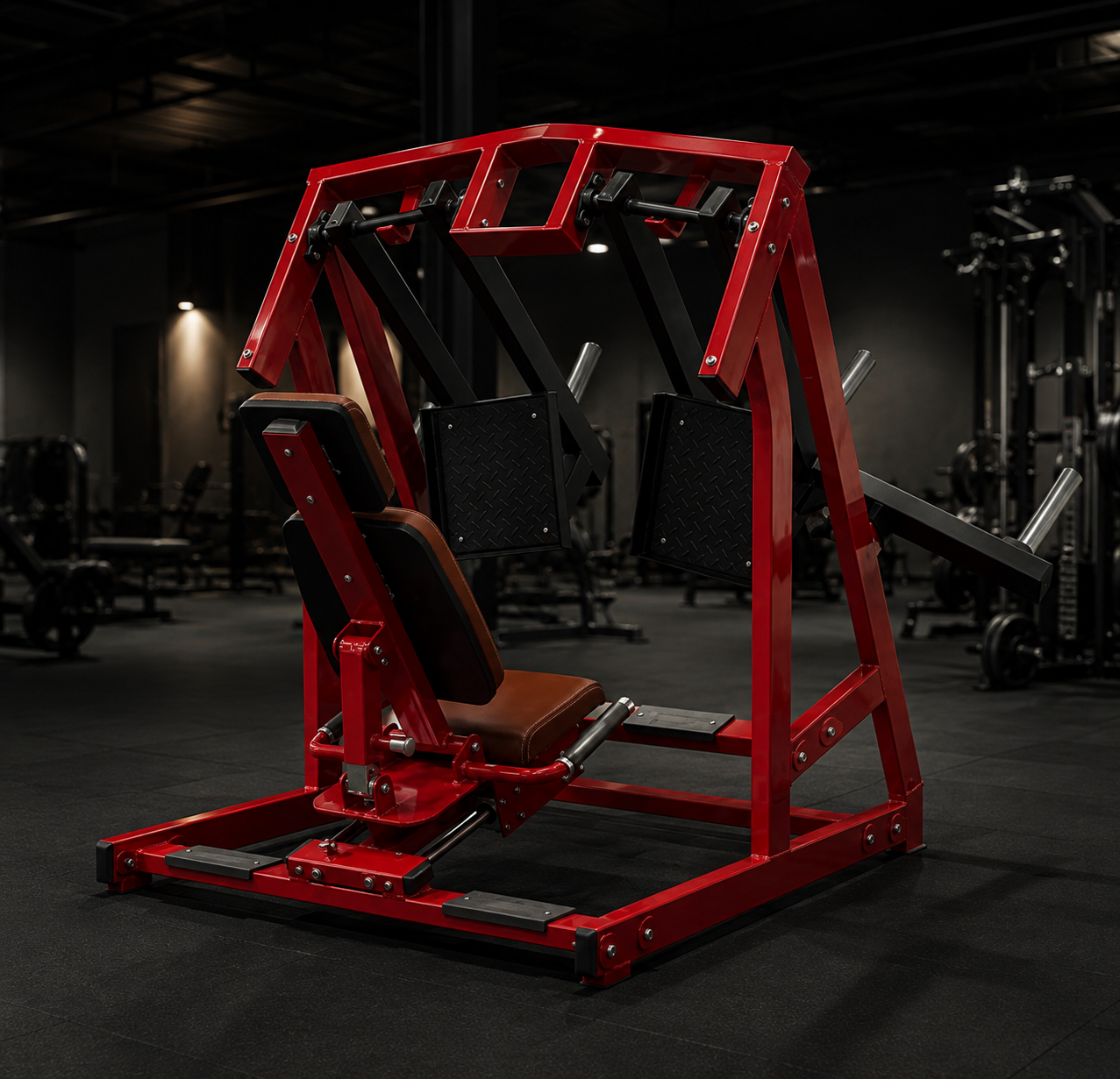 Red plate-loaded vertical leg press machine
