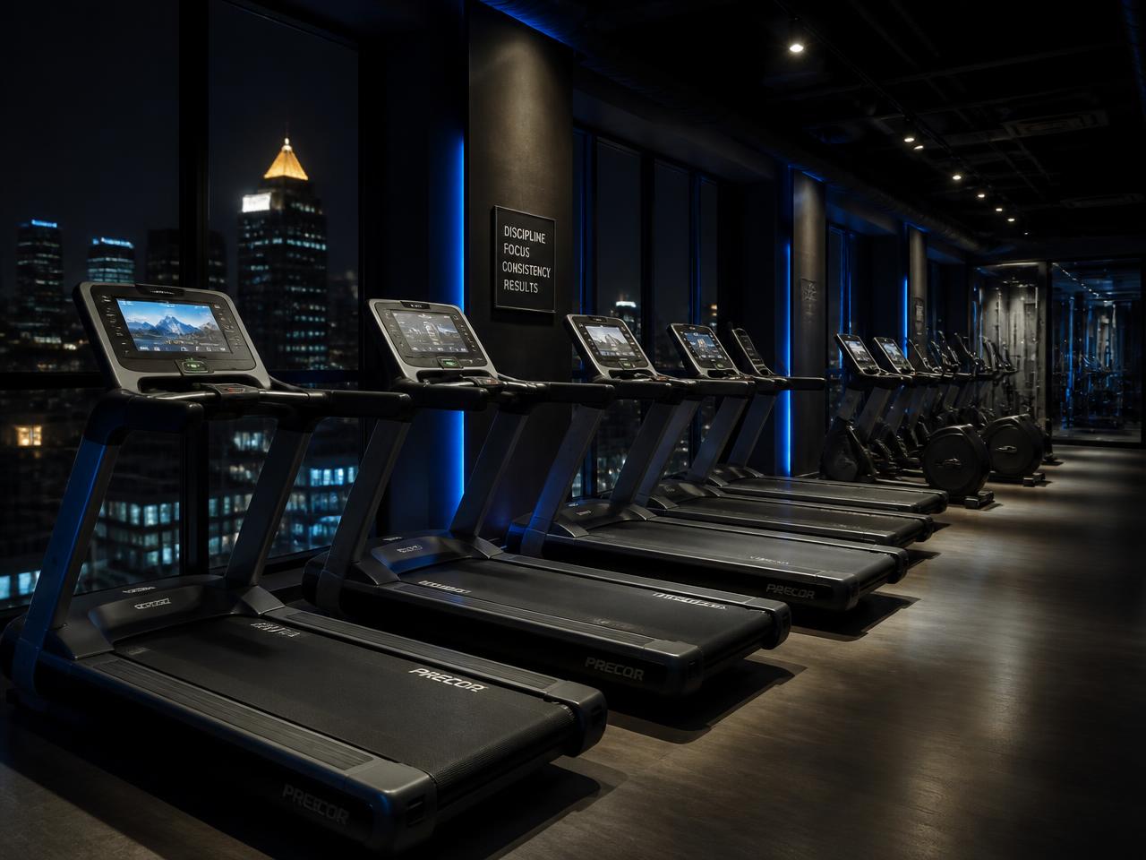 Hotel fitness center cardio row with treadmills